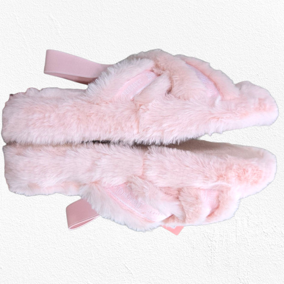 Juicy Couture Pink Faux Fur Slippers Size 8 Crisscross Fluffy Lounge Sandals - Picture 12 of 13